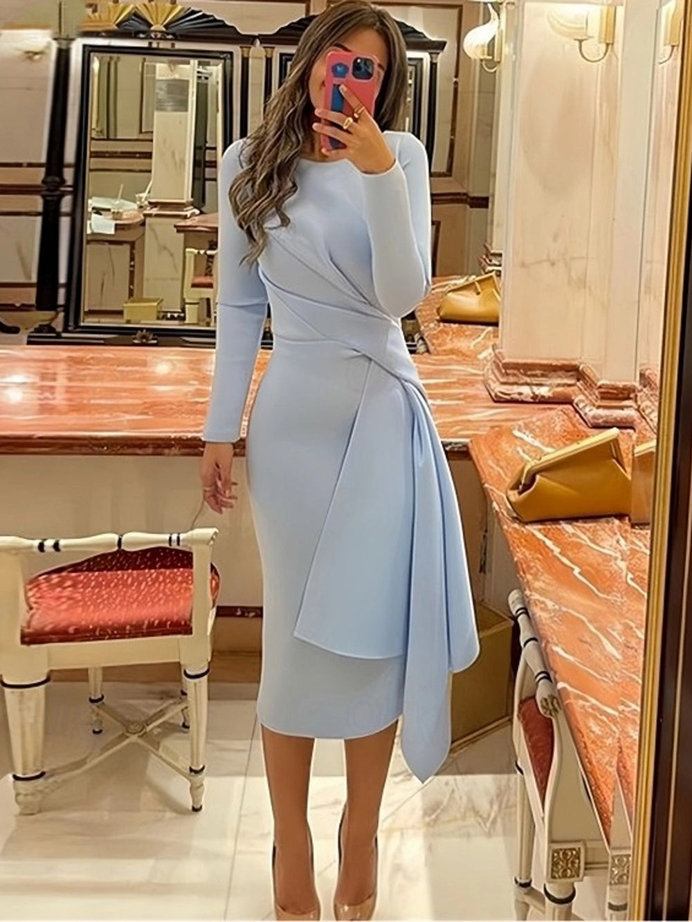 Long Sleeve Formal Dress Asymmetrical Draped Midi Prom Dress Office Co – Msikoods Official Store
