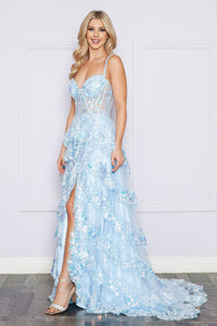 Tiered Prom Dress Lace Appliques Corset High Slit Formal Evening Gown Ms2601292