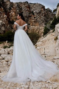 Vestido de novia con apliques de encaje romántico, escote off shoulder, tul en línea A, vestidos de novia Ms2503262