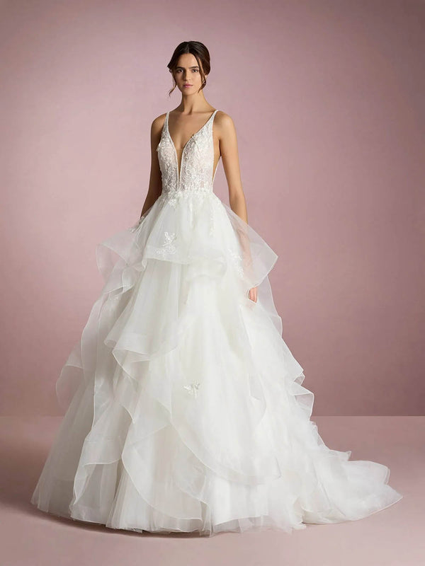 Luxury V Neck Layered Tulle Wedding Dress Princess Bridal Dress With Appliques Ms2509259