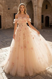 3D Floral Ball Gown Prom Dress Off Shoulder Tulle Lace Princess Formal Gown Ms2602261