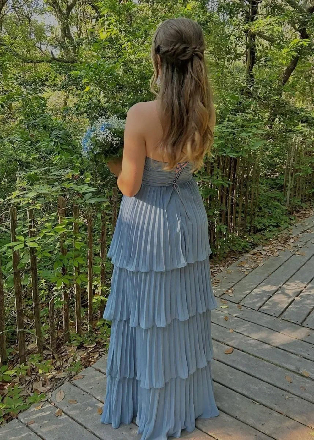 Strapless Pleated Prom Dress A-Line Tiered Evening Gown Formal Party Dress Ms2603173