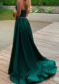 Satin Prom Dress Spaghetti Strap V Neck Belts A Line Evening Dress with High Slit Ms2603261