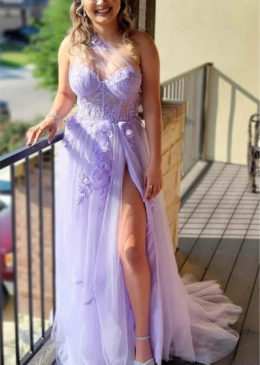 One Shoulder Lace Prom Dress A Line Tulle Corset High Slit Appliqué Evening Dress Ms260402101