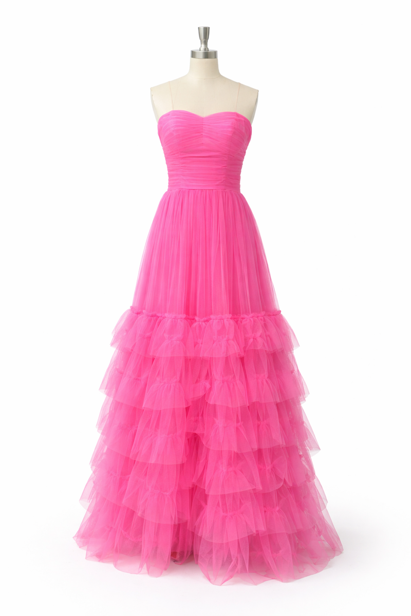Strapless Ruffle Prom Dress Romantic Layered Tulle Evening Gown for Formal Party Ms2506095