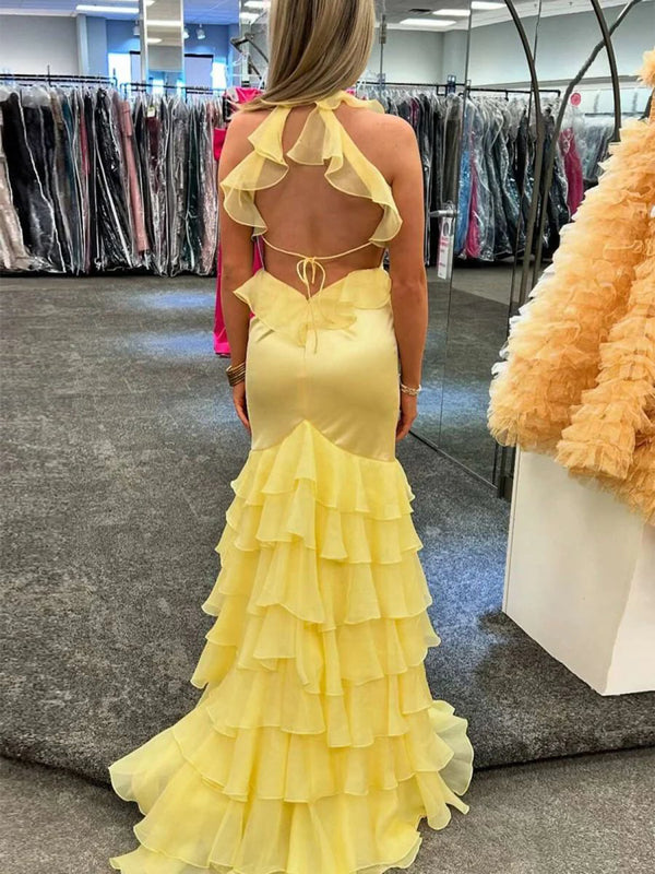 Yellow Ruffle Prom Dress Halter Mermaid Evening Dress Slit Open Back Tiered Formal Dress Ms2606091