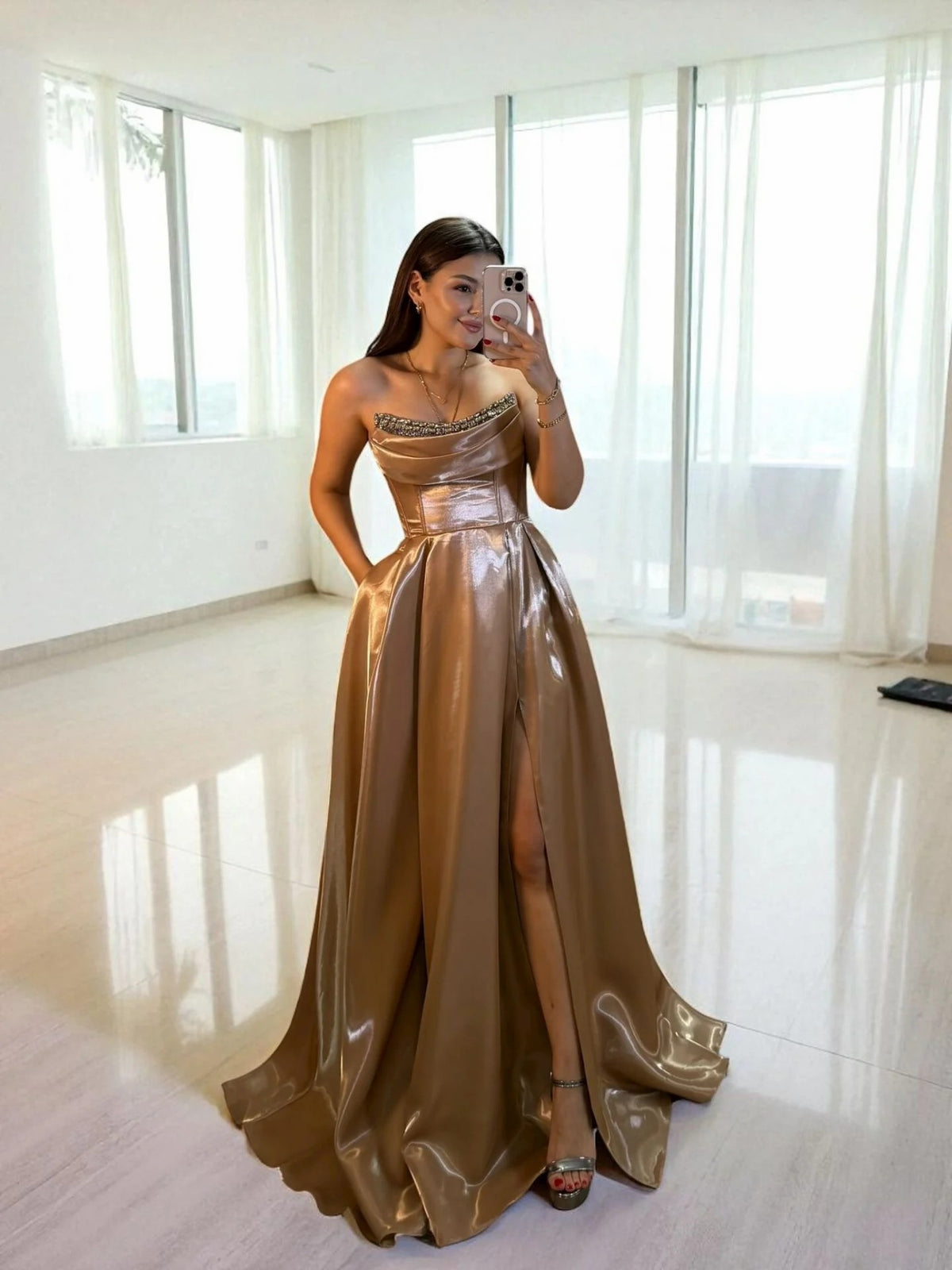Shiny Satin Beaded Corset Formal Evening Gown High Slit A Line Prom Dress Ms2512231