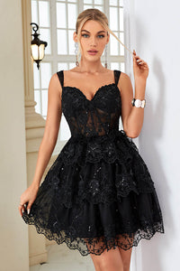 Black Corset Prom Dress Off Shoulder Corset Layered Short Cocktail Gown Ms2509213