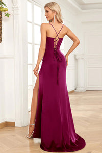 Abito da sera elegante a linea A con pieghe, scollo a cuore, spacco alto sexy Ms2504012
