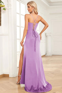 Abito da sera elegante a linea A con pieghe, scollo a cuore, spacco alto sexy Ms2504012