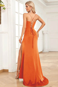 Satin Evening Gown Sexy Spaghetti Strap Corset Prom Dress With Slit Ms2510161