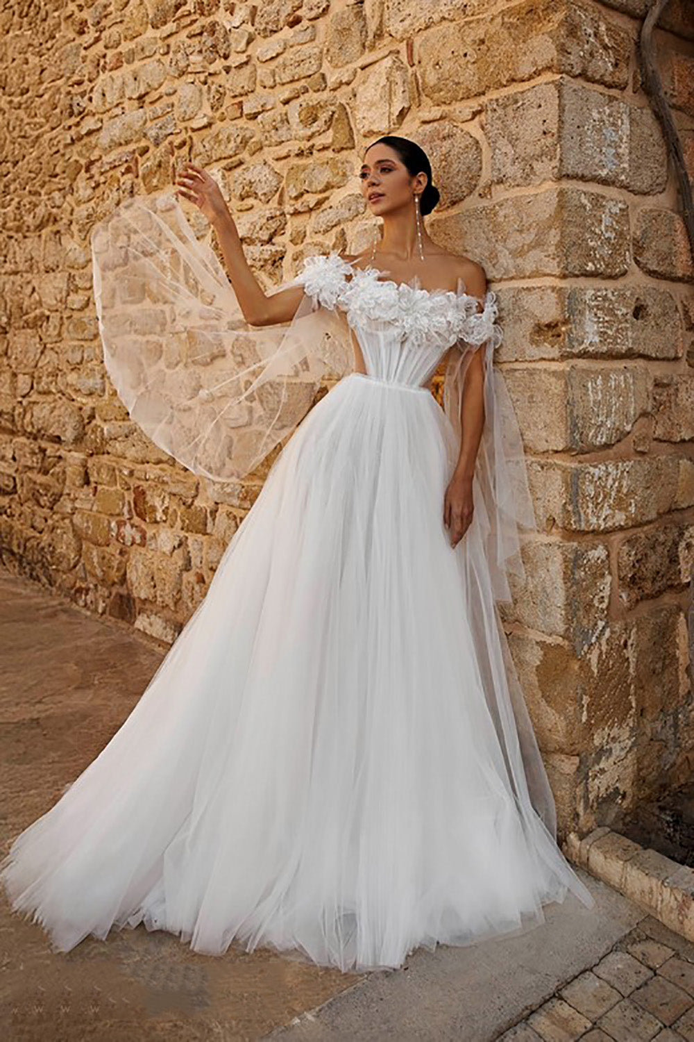 Off Shoulder Floral Wedding Dresses Corset Tulle Sheer Sleeves Bridal Gown Ms2602263