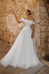 Off Shoulder Floral Wedding Dresses Corset Tulle Sheer Sleeves Bridal Gown Ms2602263