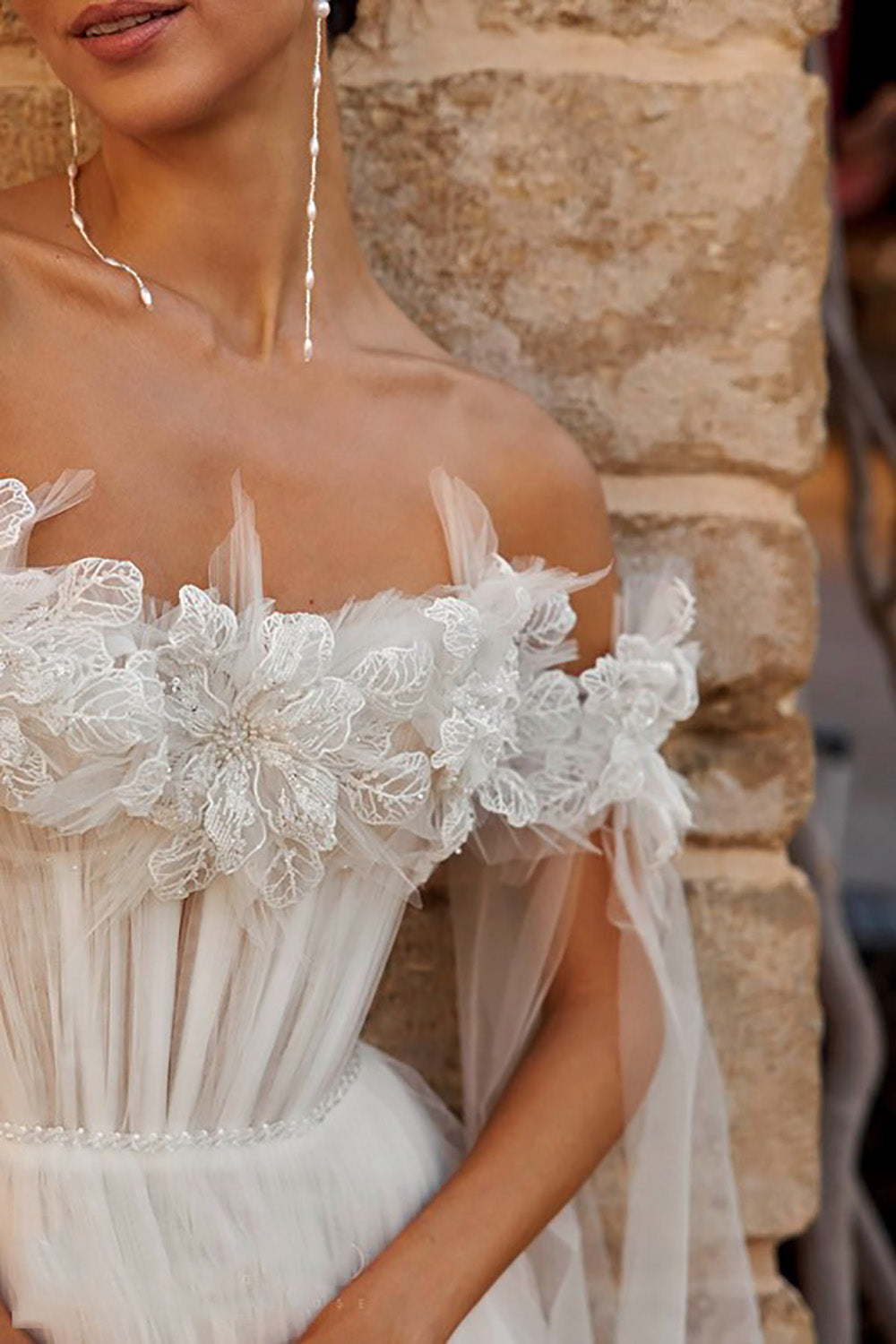 Off Shoulder Floral Wedding Dresses Corset Tulle Sheer Sleeves Bridal Gown Ms2602263