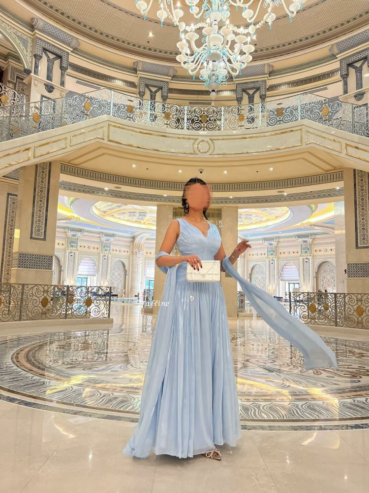 Sexy Deep V Halter Long Prom Dress Ruched Waist Flowing Formal Evening Gown Ms26041441