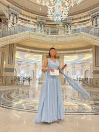 Sexy Deep V Halter Long Prom Dress Ruched Waist Flowing Formal Evening Gown Ms26041441