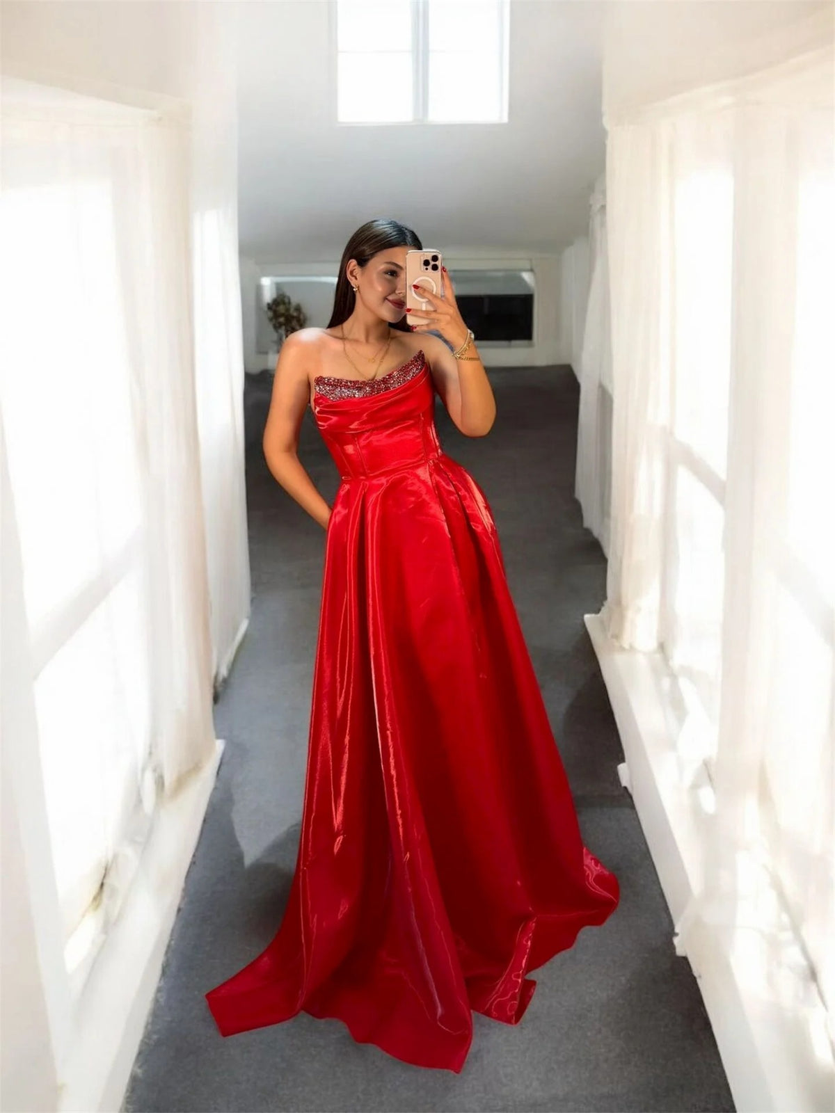 Shiny Satin Beaded Corset Formal Evening Gown High Slit A Line Prom Dress Ms2512231