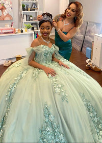 Sage Green Quinceanera Dress Floral Lace Appliques Ball Gown Off Shoulder Corset Tulle Party Gown Ms26055096