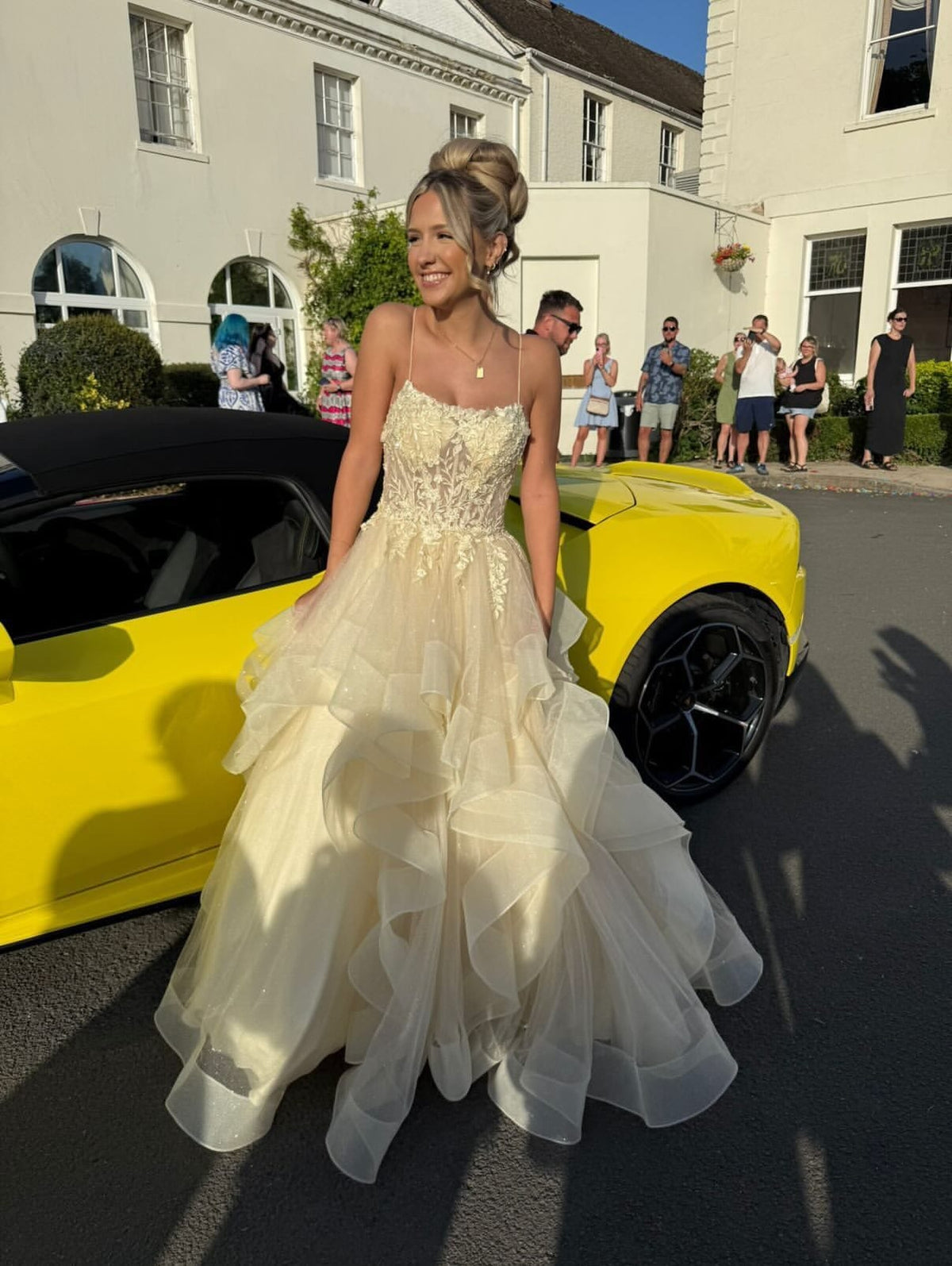 Ball Gown Prom Dress Spaghetti Strap Lace Appliques Corset Layered Tulle Princess Evening Dress Ms2607181