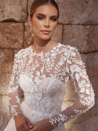 Elegant Floral Lace Long Sleeve A-Line Wedding Dress with Open Back Ms2602022