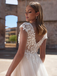 Cap Sleeve A Line Wedding Dress V Neck Tulle Brides Bridal Gown Ms26020299