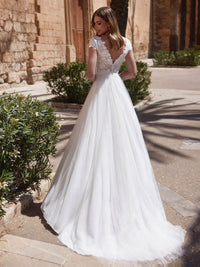 Langärmelige Brautkleider für die Braut, Brautkleider mit V-Ausschnitt, Spitzentüll, Brautkleider für Frauen mit Schleppe