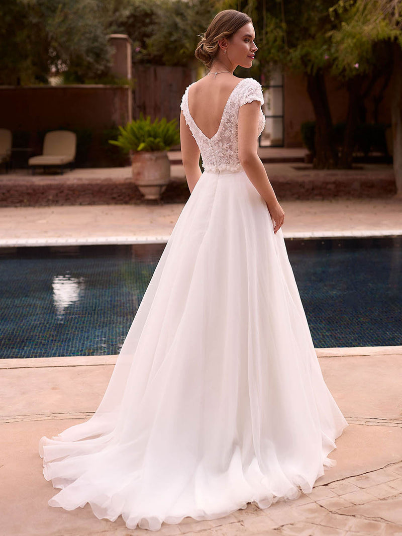 Elegant Lace V Neck A Line Wedding Dress with Cap Sleeves Backless Bridal Gown Ms2601194