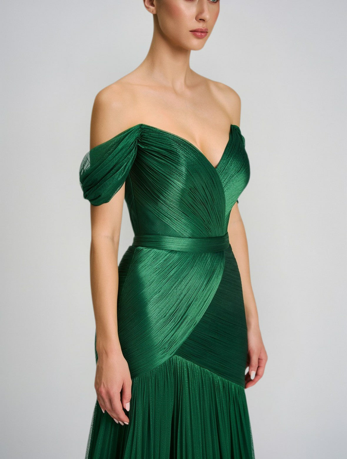 Off Shoulder Evening Dresses Pleated Tulle High Slit Prom Dress Ms2604242