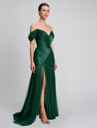 Off Shoulder Evening Dresses Pleated Tulle High Slit Prom Dress Ms2604242