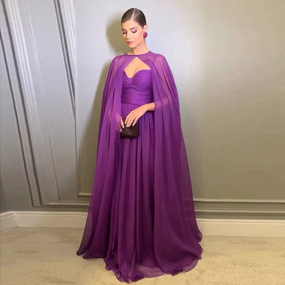 Purple Chiffon Cape Evening Dress Sweetheart Pleated A Line Prom Dress with Cape Ms2607201