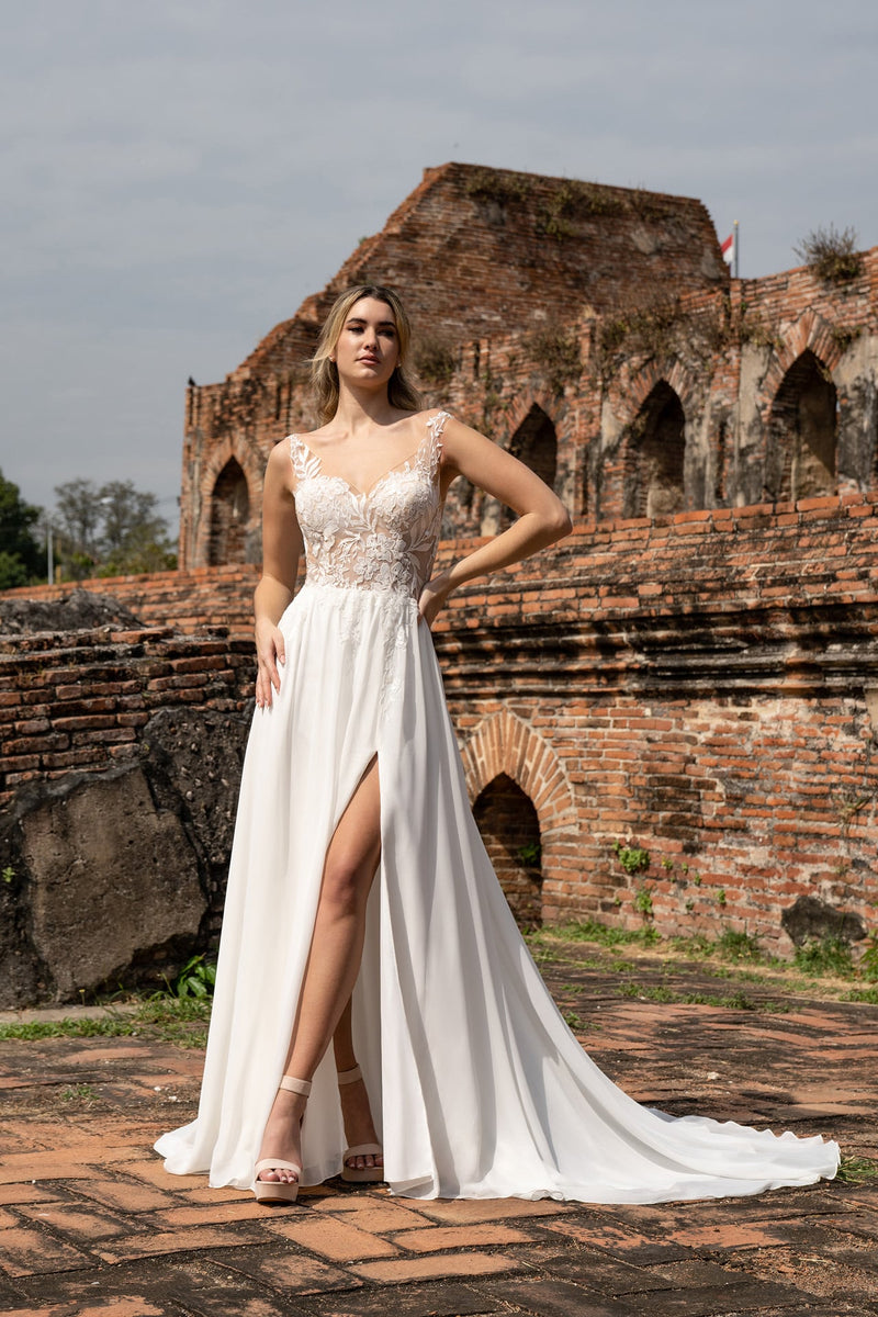 Vestido de novia línea A con hombros descubiertos 2025, vestido nupcial de satén y encaje con mangas largas y abertura Ms2504231