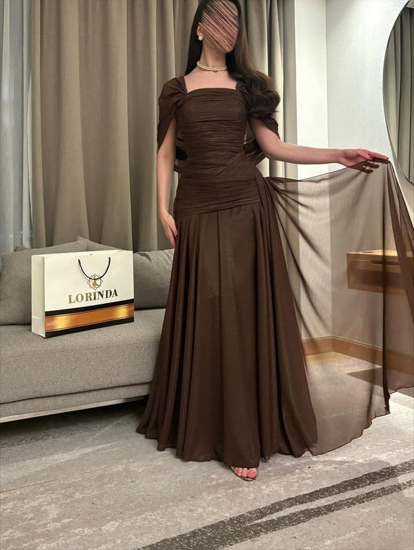 Brown Formal Evening Gowns Square Neck Shiny Ruched Cape Sleeve Prom Dress Ms2607222