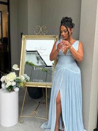 Deep V Neck Prom Dress Pleated Formal Evening Gown High Slit Wedding Guest Dress Ms2605264
