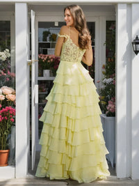 Lace Appliques Prom Dress Off Shoulder Tiered Spaghetti Strap Princess Evening Dress Ms2606153