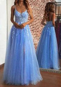Lace Appliques Prom Dress Spaghetti Strap A Line Sparkly Tulle Evening Dress Ms2603264