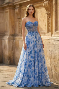 A Line Prom Dress Strapless Corset Print Floral Formal Evening Dress Ms2603106
