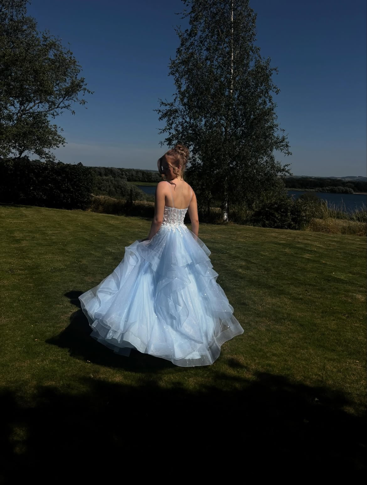 Spaghetti Strap Prom Dress Lace Applique Backless Layered Glitter Tulle Formal Evening Dress Ms2607183
