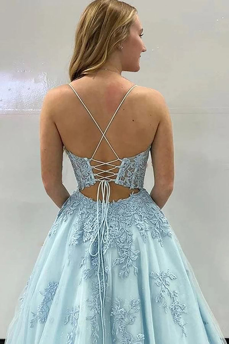 Sky Blue Lace Applique Prom Dress Spaghetti Strap Corset A Line Tulle Evening Dress Ms2606204