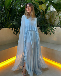Sky Blue Prom Dress Ruffle Evening Illusion Long Sleeve Chiffon Party Dress Ms2505121