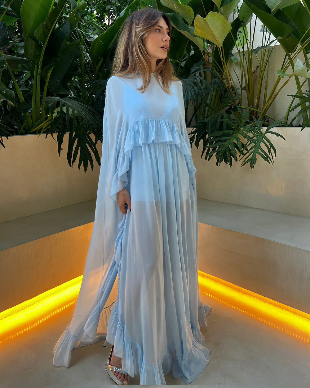 Sky Blue Prom Dress Ruffle Evening Illusion Long Sleeve Chiffon Party Dress Ms2505121
