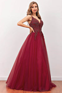 Burgundy Tulle Prom Dresses V Neck Beaded A-Line Evening Dress Ms2510184