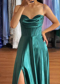 Sexy Satin Prom Dress Spaghetti Strap A Line Corset High Slit Evening Dress Ms2603263