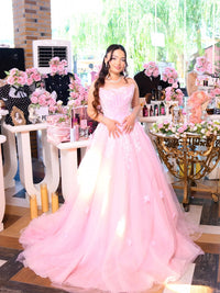 Pink Quinceanera Dress Ball Gown Lace Appliques Tulle Princess Birthday Gown Floral Prom Dress Ms2607164