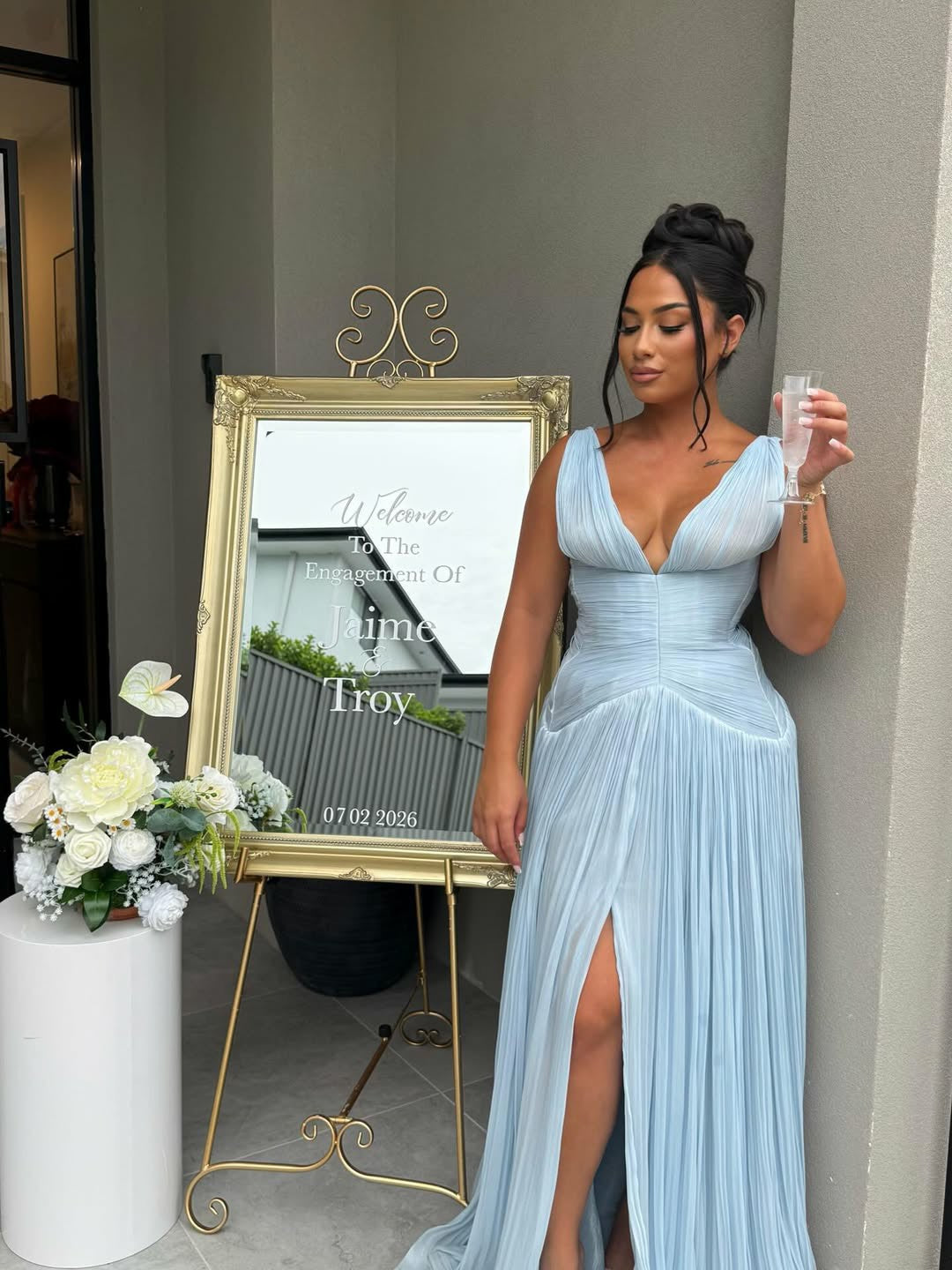 Deep V Neck Prom Dress Pleated Formal Evening Gown High Slit Wedding Guest Dress Ms2605264