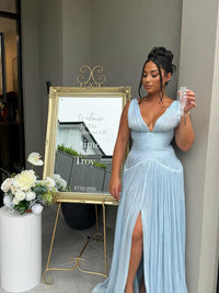 Deep V Neck Prom Dress Pleated Formal Evening Gown High Slit Wedding Guest Dress Ms2605264
