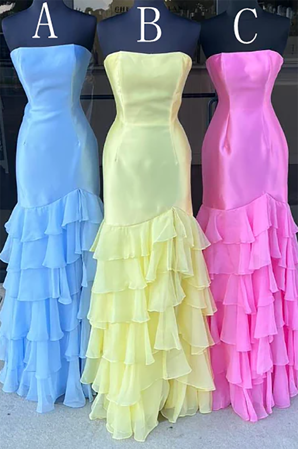 Strapless Prom Dress Mermaid Evening Dress Layered Ruffle Chiffon Gala Gown Ms2609134