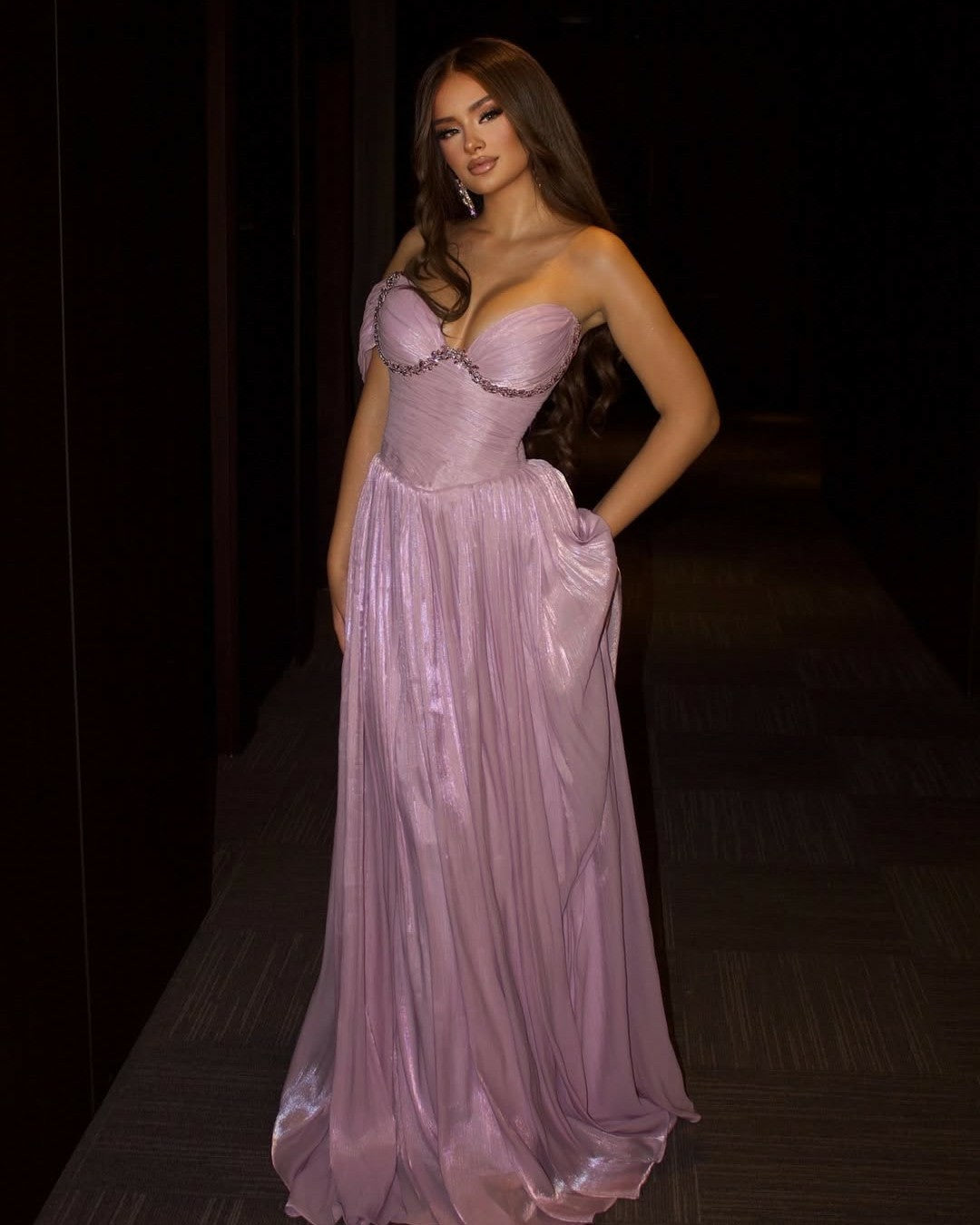 Pink A Line Evening Dresses Beaded Sweetheart Flowing Formal Prom Dress Ms2604226