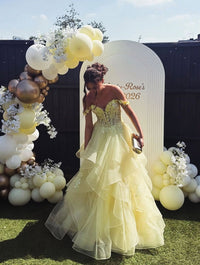 Yellow Prom Dress Off Shoulder Lace Applique Corset Ball Gown Tiered Princess Evening Dress Ms2607186
