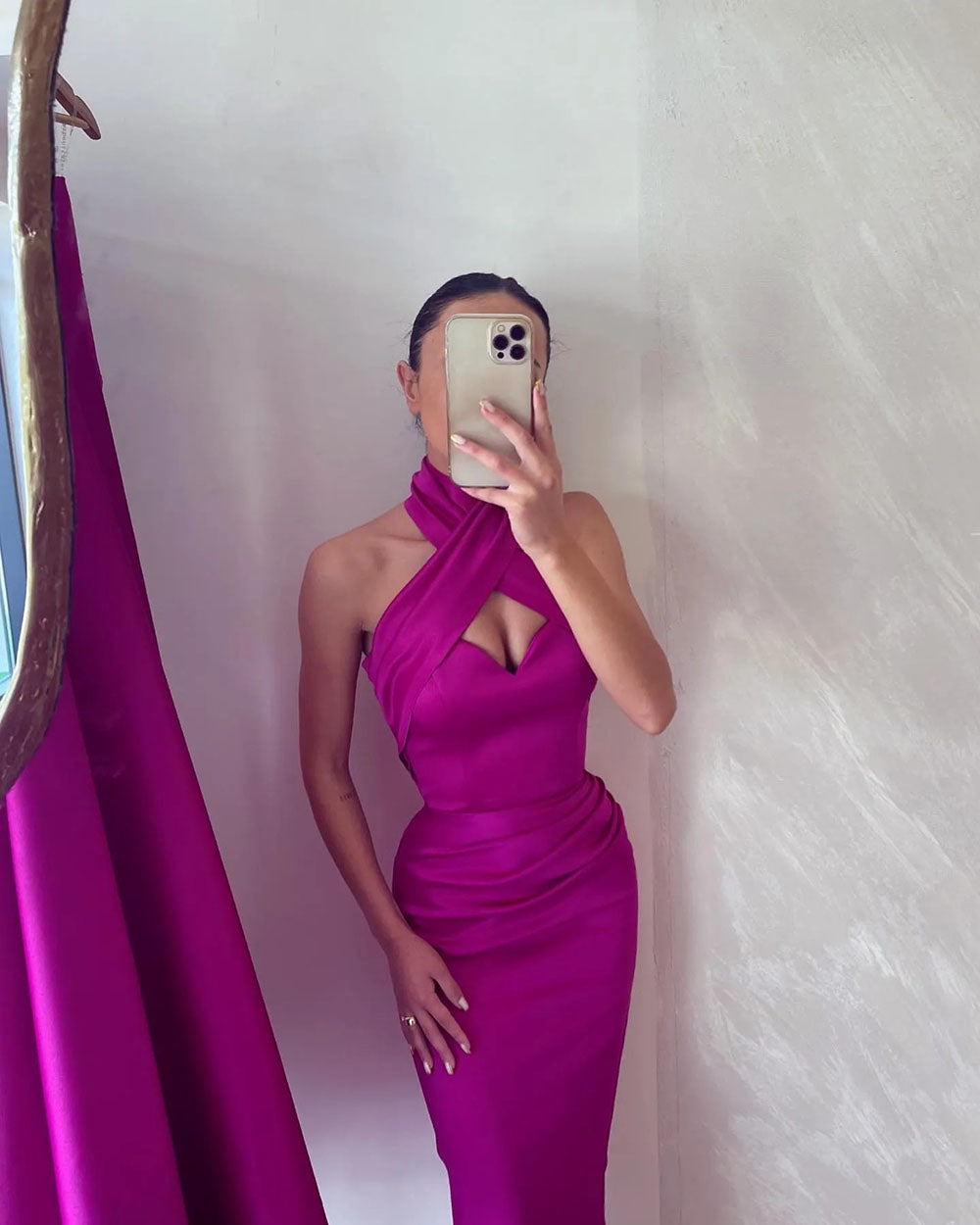Magenta Halter Neck Satin Evening Gown Criss Cross Mermaid Prom Dress Ms2601142