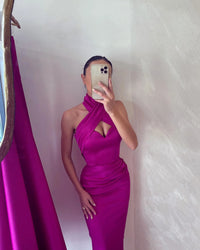 Magenta Halter Neck Satin Evening Gown Criss Cross Mermaid Prom Dress Ms2601142